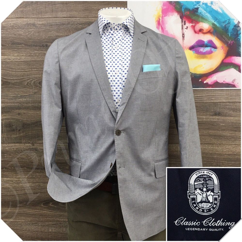 LAND'S END Mens Blazer Sport Coat Casual Jacket Size 46R Gray Cotton Suit